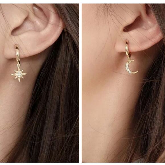 NEW! Celestial Moon & Star Gold + Rhinestone Huggie Hoop Tiny Charm Earrings 5&2 - Picture 14 of 15